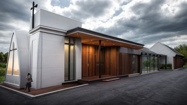((( exterior church:1.1 ))), contemporary style, white wall, wood wall, wood door, glass window, (realistic:1.3), Masterpiece, high quality, best quality, authentic, super detail, outdoors,road,pavement, grass, trees, sky, cloud, (daylight:1.3)