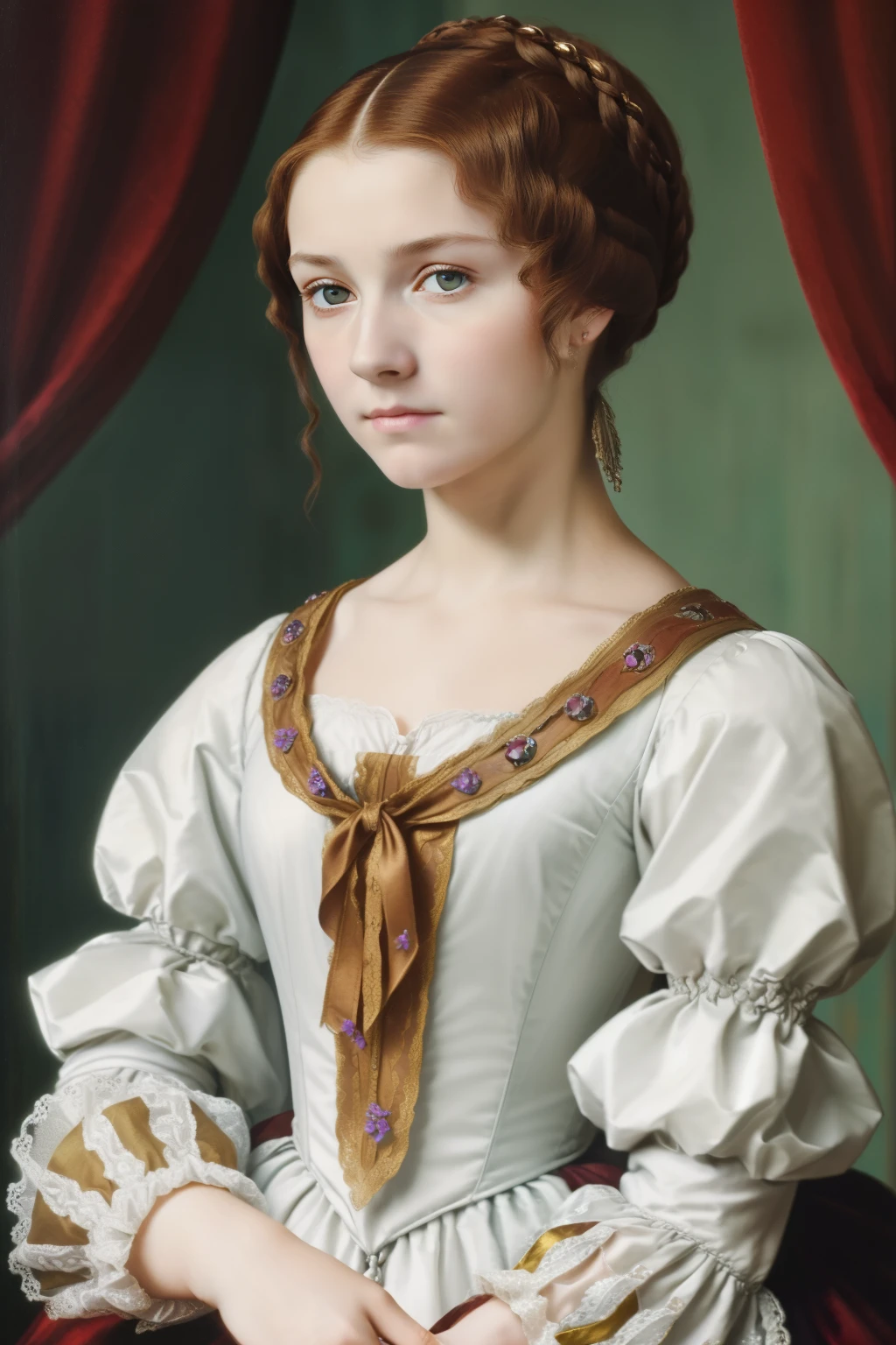 England, 1558. A young ((((15-year-old)) Margery Fitzgerald)), beautiful, intelligent, expressive eyes, gracefull demeanor, at home, crossed arms, ((angry expression)), ((((clothings from the 1550s)))), ((brunette hairstyle of the 1550s, lustrous and flowing)), colorful