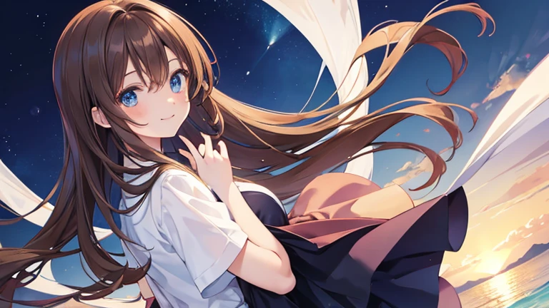 Anime Style,highest quality, masterpiece,Brown Hair, blue eyes, smile,Simple Background,One girl, Flowing Hair