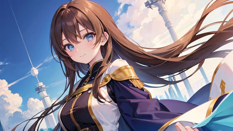 Anime Style,highest quality, masterpiece,Brown Hair, blue eyes, smile,Simple Background,One girl, Flowing Hair