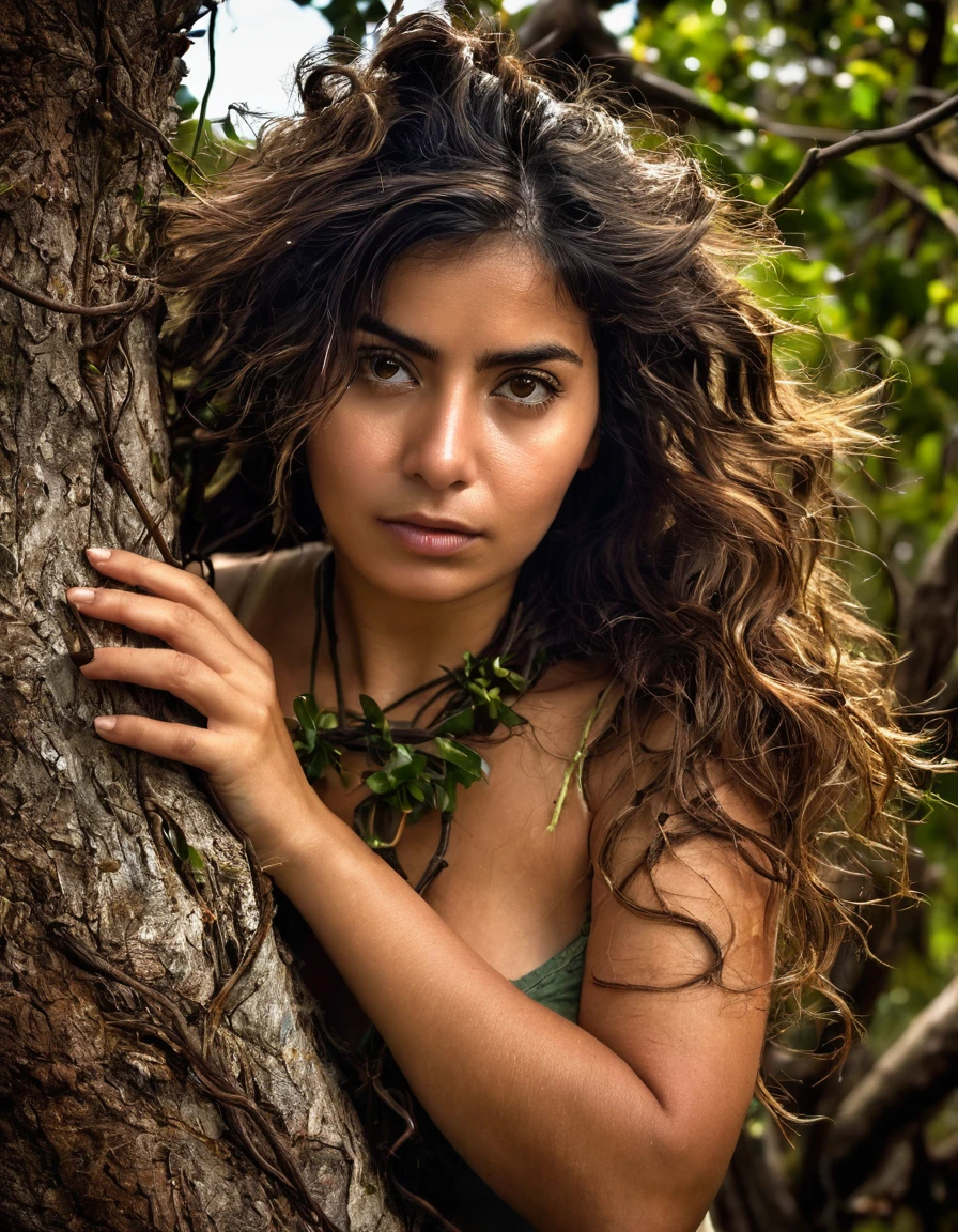 corpo inteiro,Mulher latina,mulher madura,mulher experiente,tied to an old tree with vines,corpo natural coberto de sujeira,emaranhado,cuecas e sutia rasgados,corajoso,sujo,pele enrugada,Messy hair,Selvagem,rampando e rastejando,amarrado com cordas velhas,worn appearance,vivid portrait,fotorrealista,high resolution,olhos expressivos,thoughtful expression,rosto forte e envelhecido,sabedoria em seu olhar,dark lighting,tons terrosos,sombras e realces contrastantes,dramatic atmosphere,angustia.