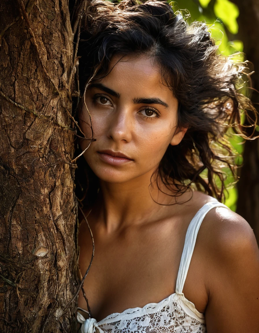corpo inteiro,Mulher latina,mulher madura,mulher experiente,tied to an old tree with vines,corpo natural coberto de sujeira,emaranhado,cuecas e sutia rasgados,corajoso,sujo,pele enrugada,Messy hair,Selvagem,rampando e rastejando,amarrado com cordas velhas,worn appearance,vivid portrait,fotorrealista,high resolution,olhos expressivos,thoughtful expression,rosto forte e envelhecido,sabedoria em seu olhar,dark lighting,tons terrosos,sombras e realces contrastantes,dramatic atmosphere,angustia.