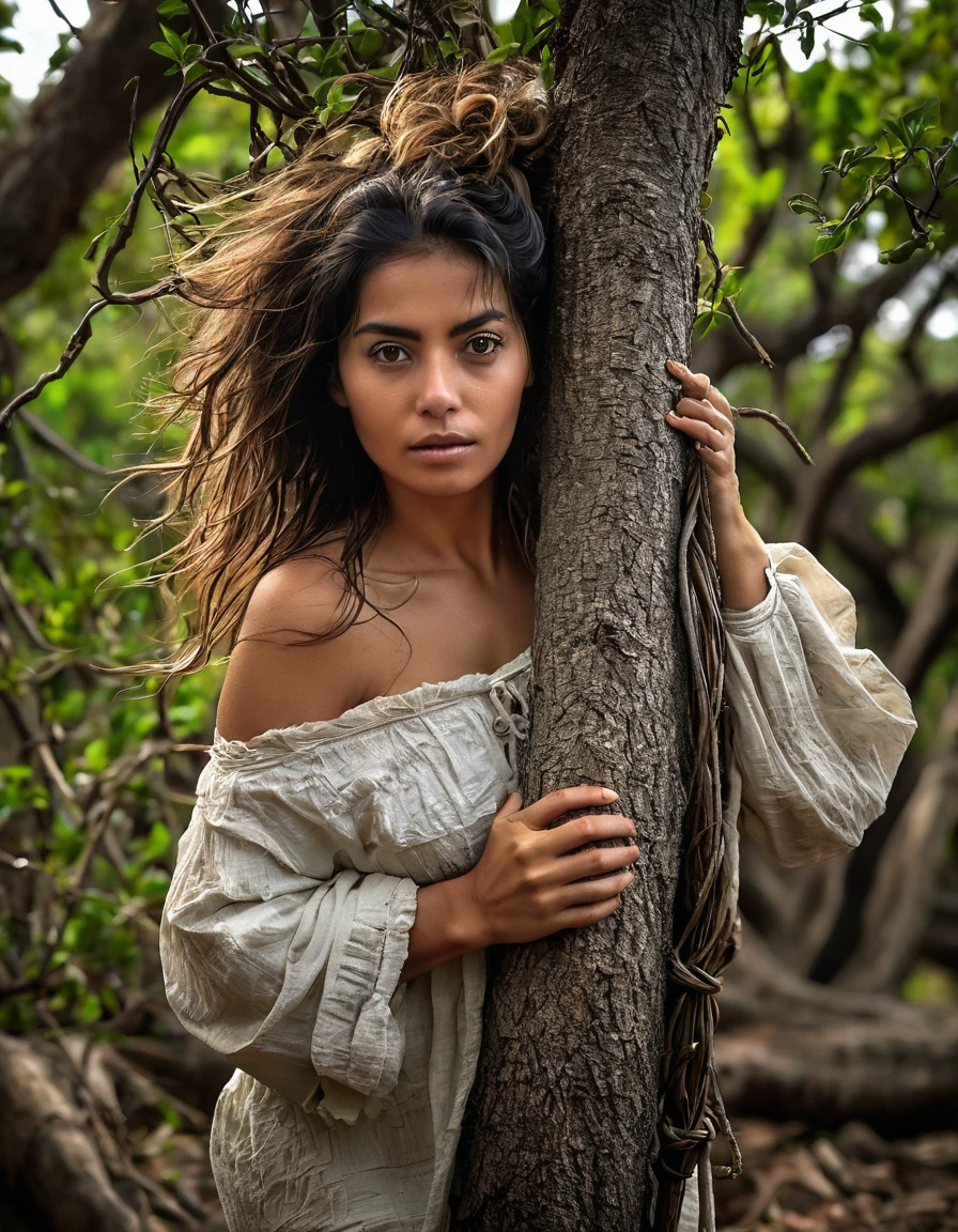 corpo inteiro,Mulher latina,mulher madura,mulher experiente,tied to an old tree with vines,corpo natural coberto de sujeira,emaranhado,cuecas e sutia rasgados,corajoso,sujo,pele enrugada,Messy hair,Selvagem,rampando e rastejando,amarrado com cordas velhas,worn appearance,vivid portrait,fotorrealista,high resolution,olhos expressivos,thoughtful expression,rosto forte e envelhecido,sabedoria em seu olhar,dark lighting,tons terrosos,sombras e realces contrastantes,dramatic atmosphere,angustia.