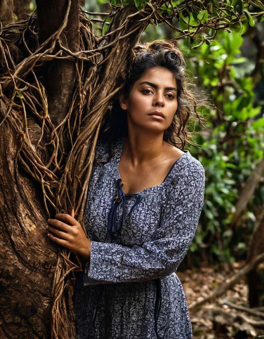 corpo inteiro,Mulher latina,mulher madura,mulher experiente,tied to an old tree with vines,corpo natural coberto de sujeira,emaranhado,cuecas e sutia rasgados,corajoso,sujo,pele enrugada,Messy hair,Selvagem,rampando e rastejando,amarrado com cordas velhas,worn appearance,vivid portrait,fotorrealista,high resolution,olhos expressivos,thoughtful expression,rosto forte e envelhecido,sabedoria em seu olhar,dark lighting,tons terrosos,sombras e realces contrastantes,dramatic atmosphere,angustia.