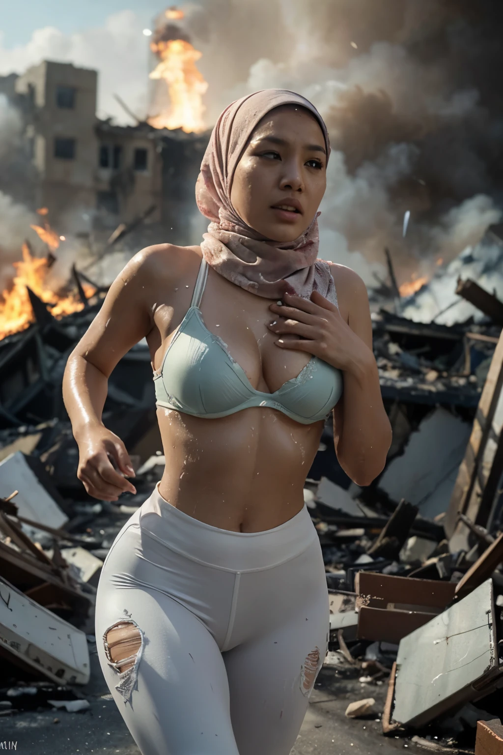 The heroine of the movie "GODZILLA Godzilla". A malay woman in hijab desperately fleeing from Godzilla in a devastated Los Angeles, hijab disheveled, bra stained, short leggings torn, running through rubble. Crumbling buildings, burning flames, white skin, smooth skin, stunningly beautiful face, detail, photorealistic, 8K.