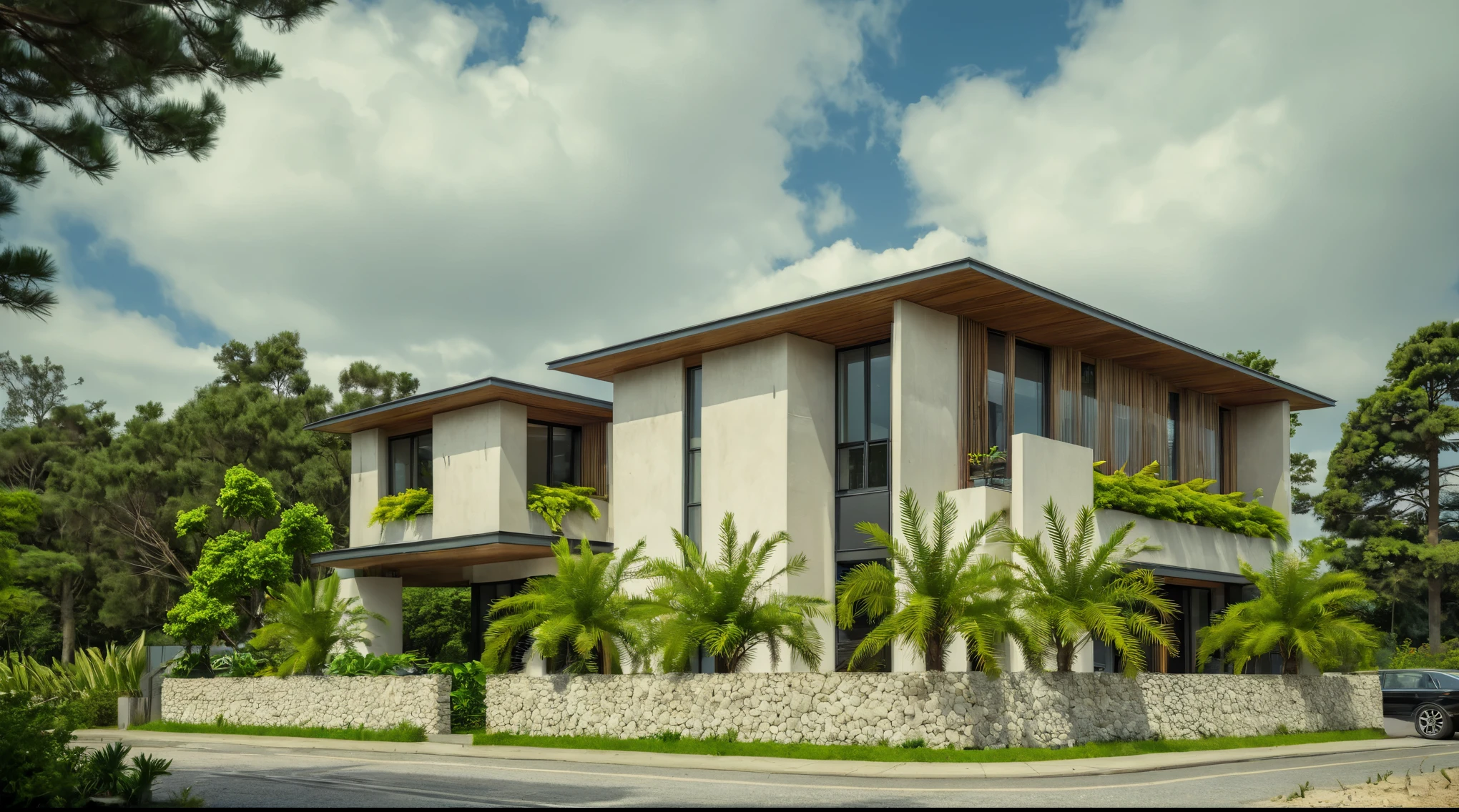 Raw photo,Masterpiece, high quality, best quality, authentic, super detail,
outdoors, house style modern,bietthuhn, white wall, glass windows, gate
road,pavement, grass, trees, sky, cloud, (day:1.1),