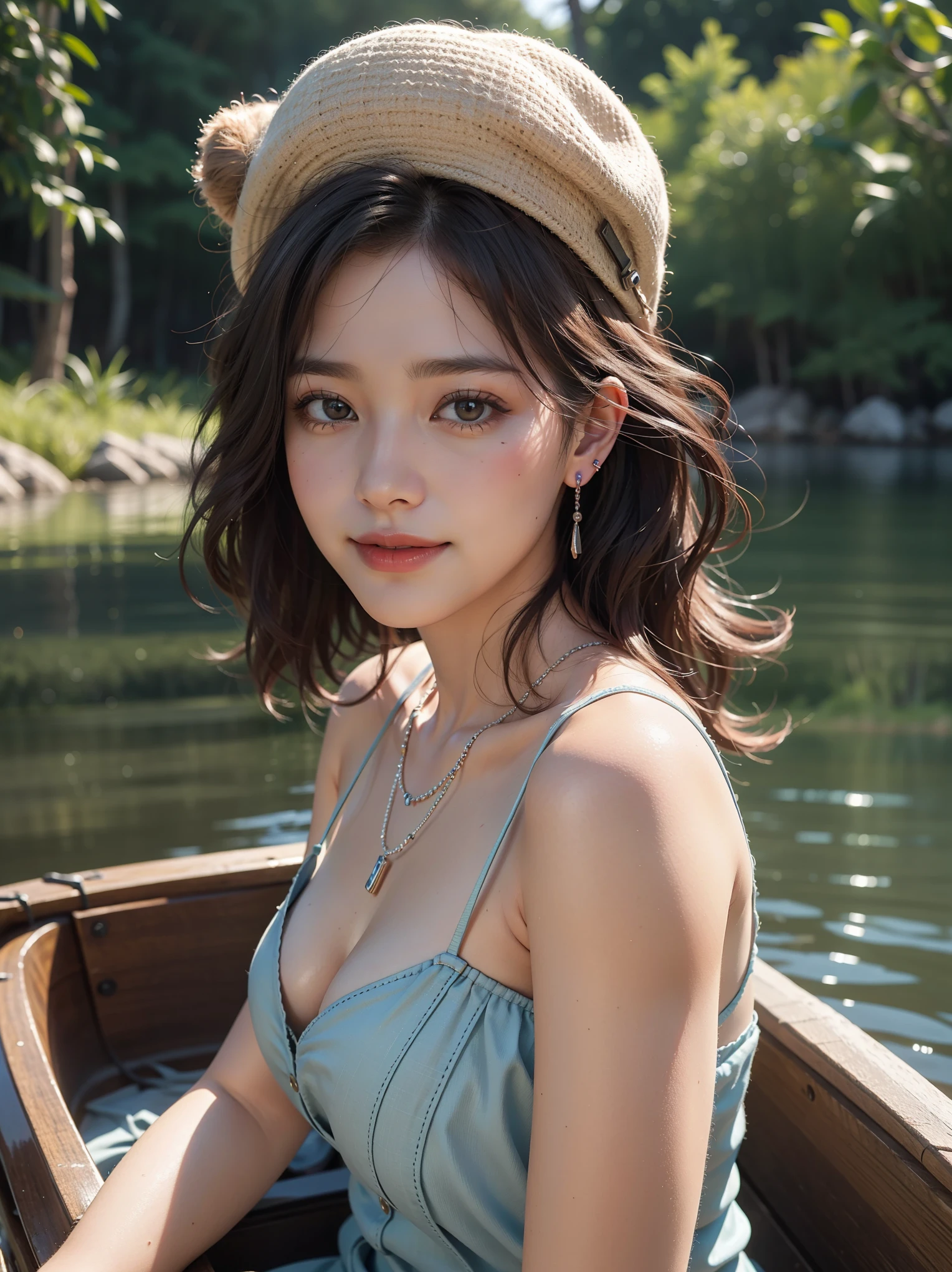 masterpiece, ultra high res, (photorealistic:1.4), raw photo, 1girl, poses for photo in canoe near lake, wavy hair, brown hair, wearing a hat, earrings necklaces, glowing skin, beauty dress, light smile, cinematic lighting