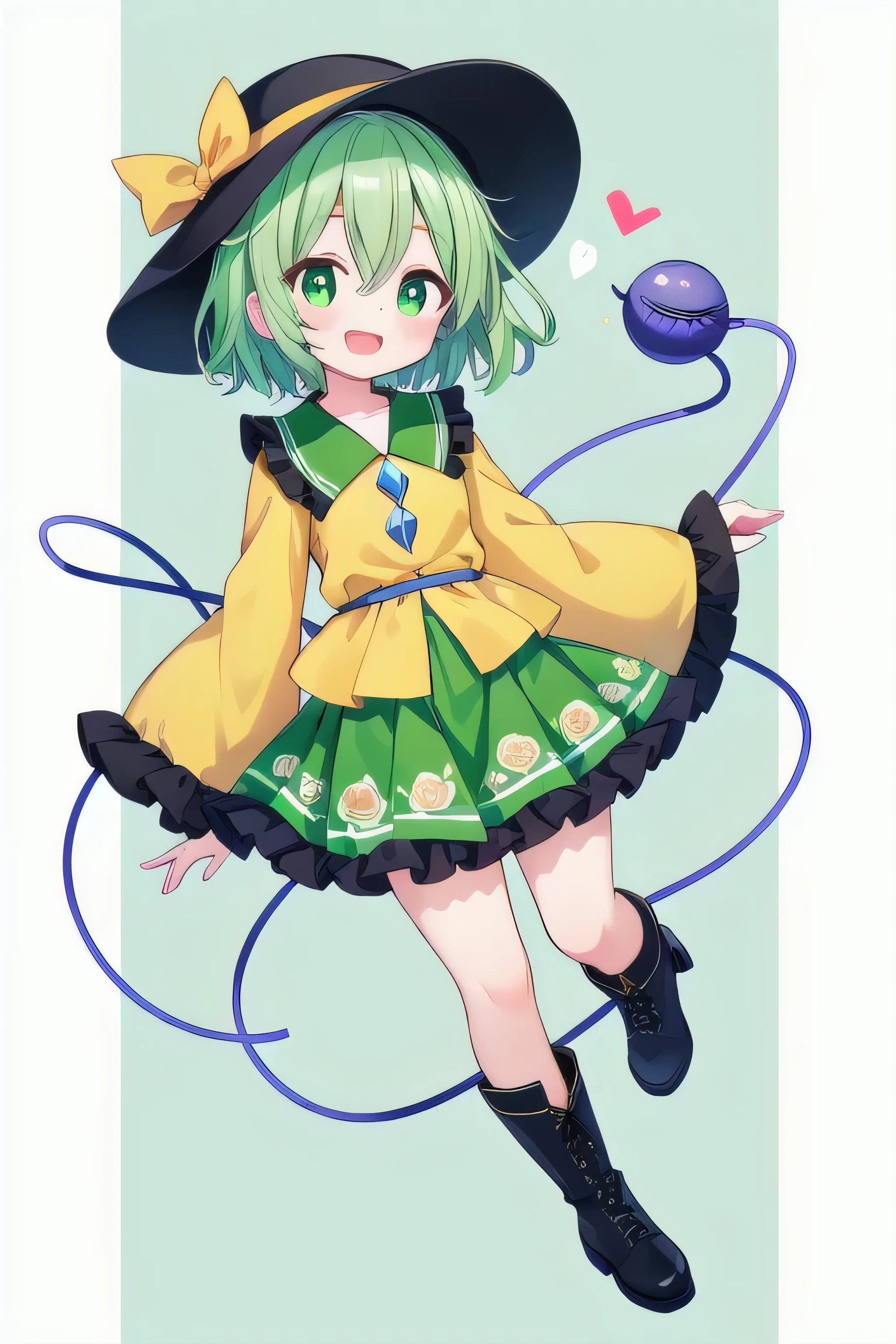 masterpiece, top quality, super detailed, CG illustration, high resolution, better lighting, best shadows, very delicate and beautiful, proper shading, hd, 8k,komeiji koishi, 1girl, solo, smile, short hair, open mouth, skirt, shirt, long sleeves, hat, ribbon, green eyes, full body, :d, heart, boots, frills, green hair, wide sleeves, black footwear, black headwear, floral print, hat ribbon, frilled sleeves, blouse, green skirt, third eye, bright pupils, green background, white pupils, yellow shirt, yellow ribbon, heart of string, rose print