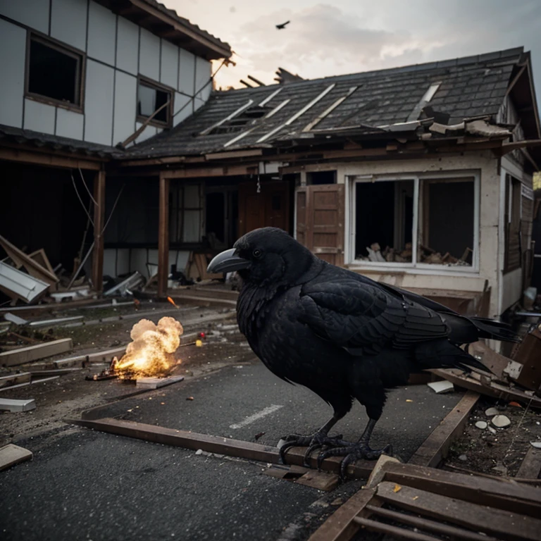 Crow holds a gun and shoots the house and the house explodes.