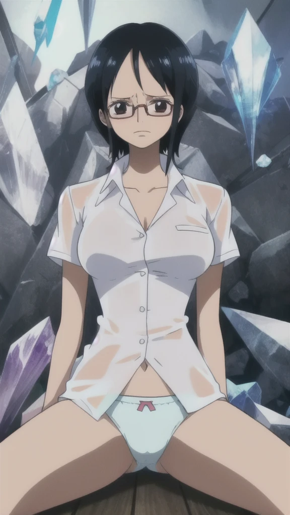 One woman,8k,, Black Hair,Medium Short, ,, Tashigi,, ((masterpiece)), ((highest quality)), （（（sit）））,（（high resolution））,Very detailed, （See-through clothing）,（（Wet white shirt））,((Wet shirt))　,（（Troubled expression））,,（Upper Body）,Perfect tummy,Perfect navel,((Slender body)),Dark Eyes,,（（White lace panties））,（（Slender body））, , Strong lighting, High resolution,,,(((((Crystal clear image quality))))), sit, alone,blush,, Glasses, 