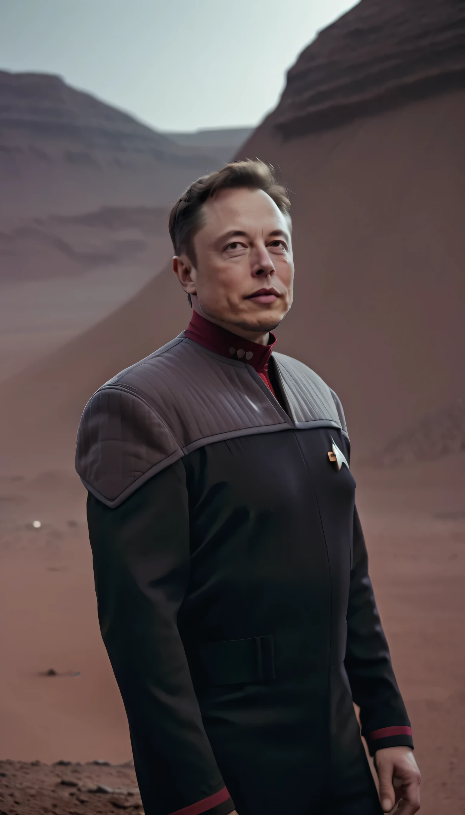 Elon Musk on Mars,  in black and grey ds9st uniform,red collar, professional photo, shot on Hasselblad 