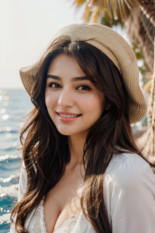 pretty girl 28 years old brown long hair blended beauty between Tuba Büyüküstün Turkish actress and mahlagha jaberi iranian actors realistic sexy ocean background smile with teeth show wearing a hat