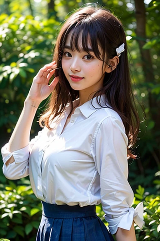((highest quality)), ((masterpiece)), (detailed), Perfect Face、((highest quality)), ((masterpiece)), (detailed), Perfect Face, superior, highest quality, High resolution, Hmph, Perfect Pixel, 4K, Hmph, Hmph))), 1 girl, single, alone, Beautiful woman、whole bodyが見えました、 ((Mid-wave hair, bangs, Brown Hair)), Black Hair, (((One girl))), Standard body,low length,(18-year-old),break,((White dress shirt)),Dark blue neck ribbon,break,Dark blue high waist skirt,show her pantie,Beautiful background, (In the forest park),Wind from the sea,Side view, Double Hair Buns,Large checked hair ribbon,(((avert your eyes))),(((Turn away))), Perfect lighting,narusawa,Half lip,A light smile,(whole body:0.95),I&#39;ll lift up my skirt、
