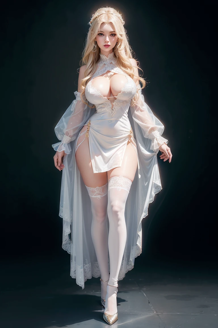 ((Full image:1.5, Show full body from head to toe, Standing perfectly, standing:1.8, Body facing to the viewer (Show front body, show center body)). Balance focused camera view, Centered camera view, middle camera view, vertical scape camera. Masterpiece, illustration:1.1, best quality, high quality, fine details, perfect details, smooth detail, sharp color, 8K, Ultra HD, Ultra-clear portrait, big resolution, perfect lighting, bright lighting, top quality, sharp focus. Fantasy, medieval, goddess. A Beautiful woman wearing translucent dress, long sleeves(lace sleeves), lace skirts, translucent bra, stockings, lace stockings, show heels. Full Huge :1.7, Huge round breastring body, seductive body, tall body, fit body, Leg length, slender body, pale toned skin, very bright skin, glowing skin, glowing face, bright face, wearing makeup, lipstick, blush. Long blonde hair with bangs, head accessories. Smirking, her eyes looking to the camera. The background is inside a castle, bright lighting. Standing (Full Body View).