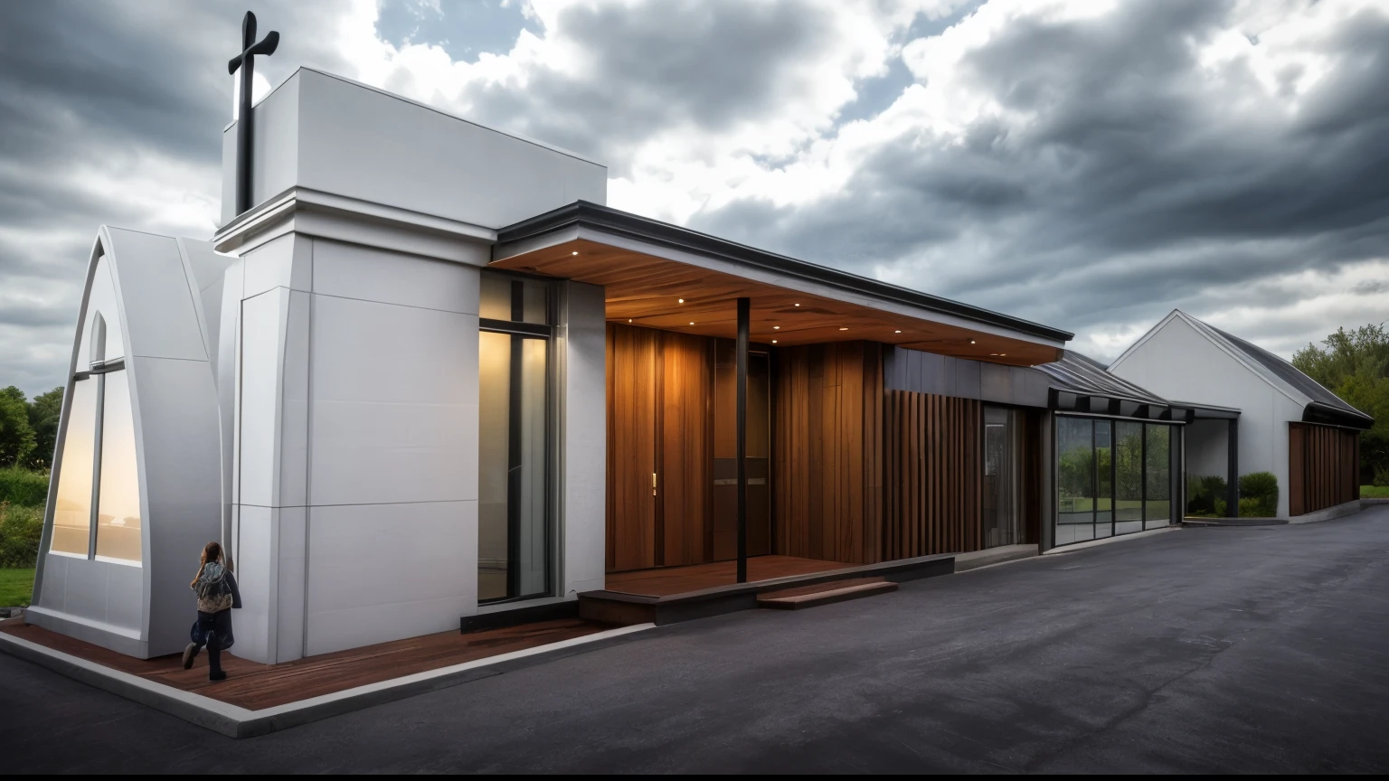 ((( exterior church:1.1 ))), contemporary style, white wall, wood wall, wood door, glass window, (realistic:1.3), Masterpiece, high quality, best quality, authentic, super detail, outdoors,road,pavement, grass, trees, sky, cloud, (daylight:1.3)