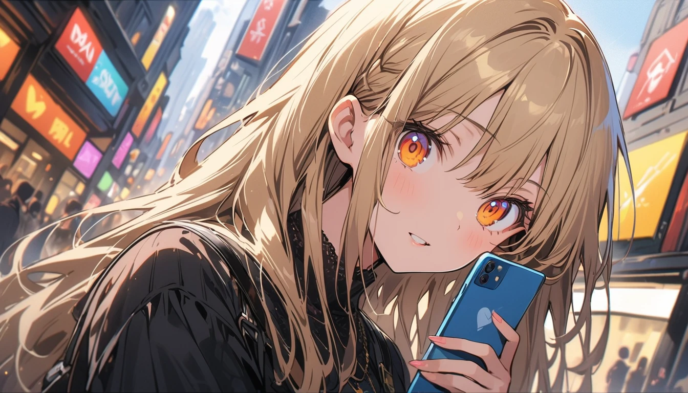 animeの女の子, Cute casual clothes, (Operating a smartphone), masterpiece, (highest quality、masterpiece、High resolution、detailed)、animeスタイル、Flat Style、(Beautiful Eyes, Delicate and beautiful face, ), BREAK, extremely detailed、High saturation、Dynamic Angle、anime、In the city、Background Blur
