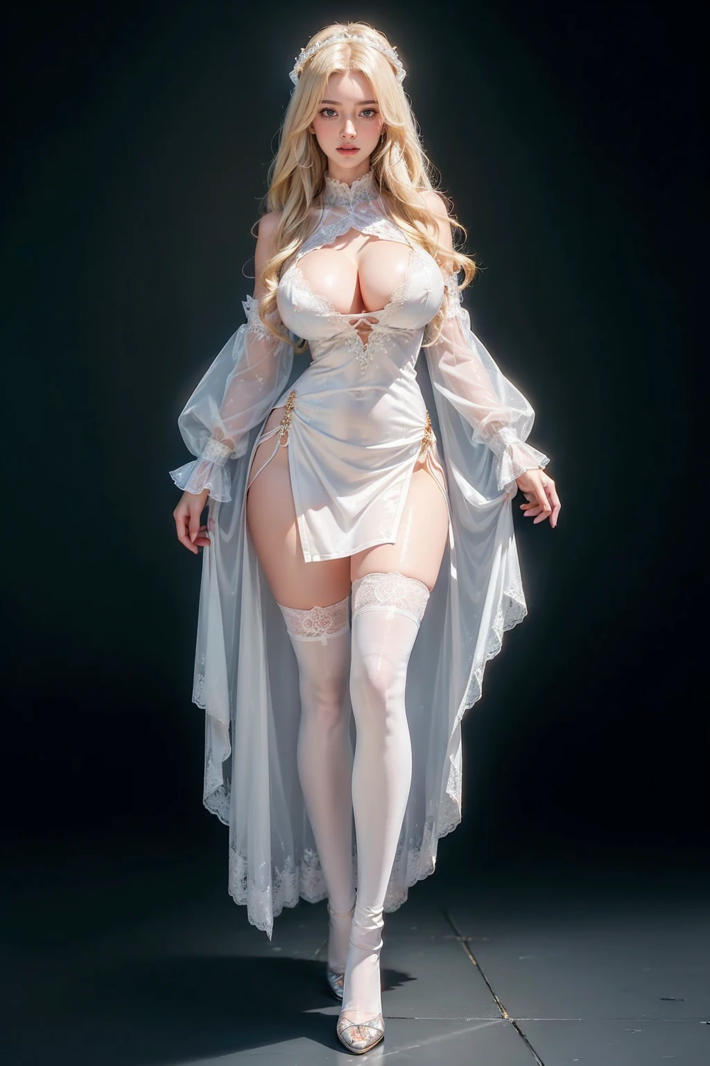 ((Full image:1.5, Show full body from head to toe, Standing perfectly, standing:1.8, Body facing to the viewer (Show front body, show center body)). Balance focused camera view, Centered camera view, middle camera view, vertical scape camera. Masterpiece, illustration:1.1, best quality, high quality, fine details, perfect details, smooth detail, sharp color, 8K, Ultra HD, Ultra-clear portrait, big resolution, perfect lighting, bright lighting, top quality, sharp focus. Fantasy, medieval, goddess. A Beautiful woman wearing translucent dress, long sleeves(lace sleeves), lace skirts, translucent bra, stockings, lace stockings, show heels. Full Huge breast:1.7, Huge round breast, alluring body, seductive body, tall body, fit body, Leg length, slender body, pale toned skin, very bright skin, glowing skin, glowing face, bright face, wearing makeup, lipstick, blush. Long blonde hair with bangs, head accessories. Smirking, her eyes looking to the camera. The background is inside a castle, bright lighting. Standing (Full Body View).