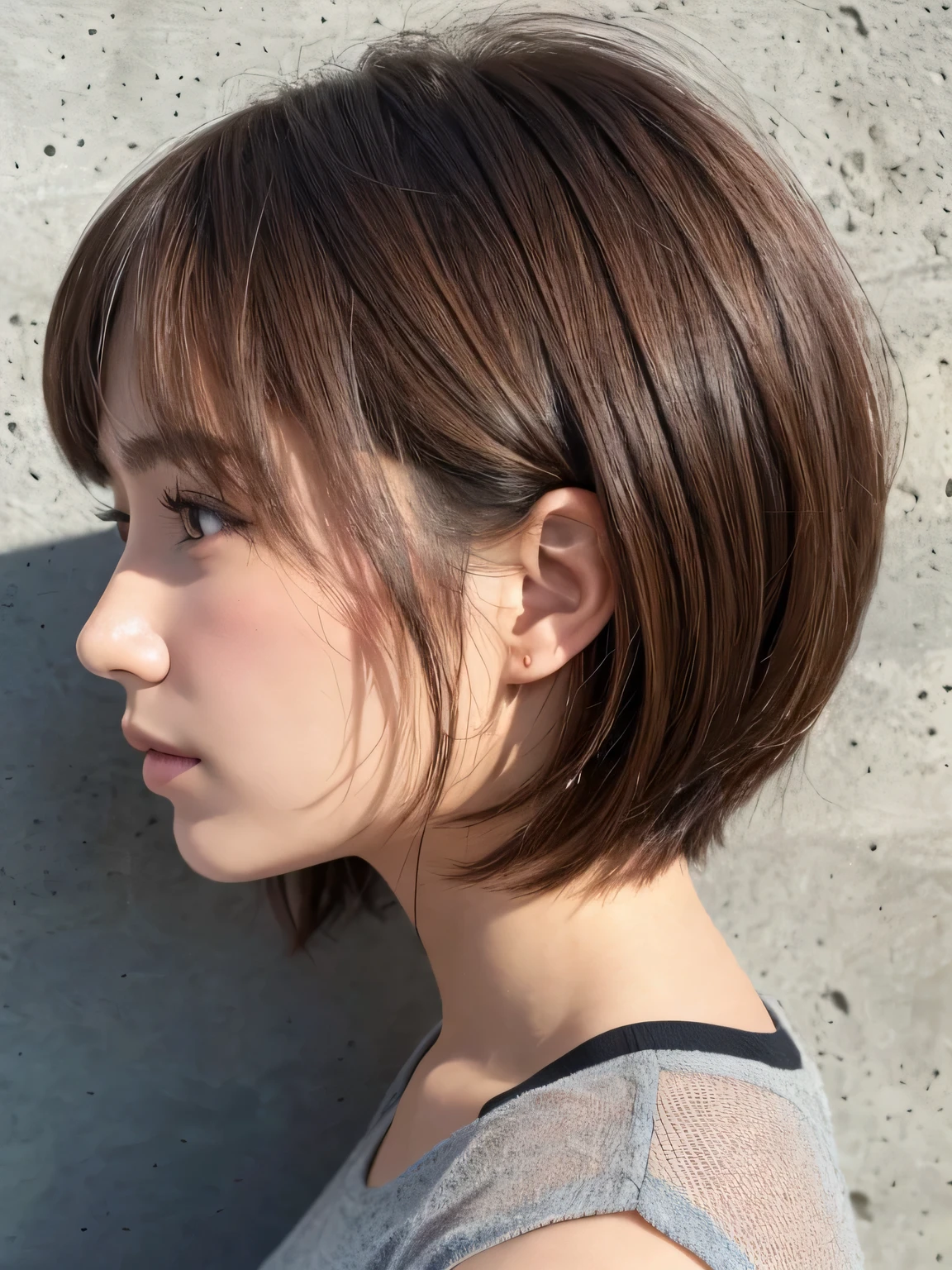 Hair like a live action,Concrete wall background,Her face in profile,Natural light,Bob Hair,Light Brown Hair,Realistic skin texture,Moderate skin irritation