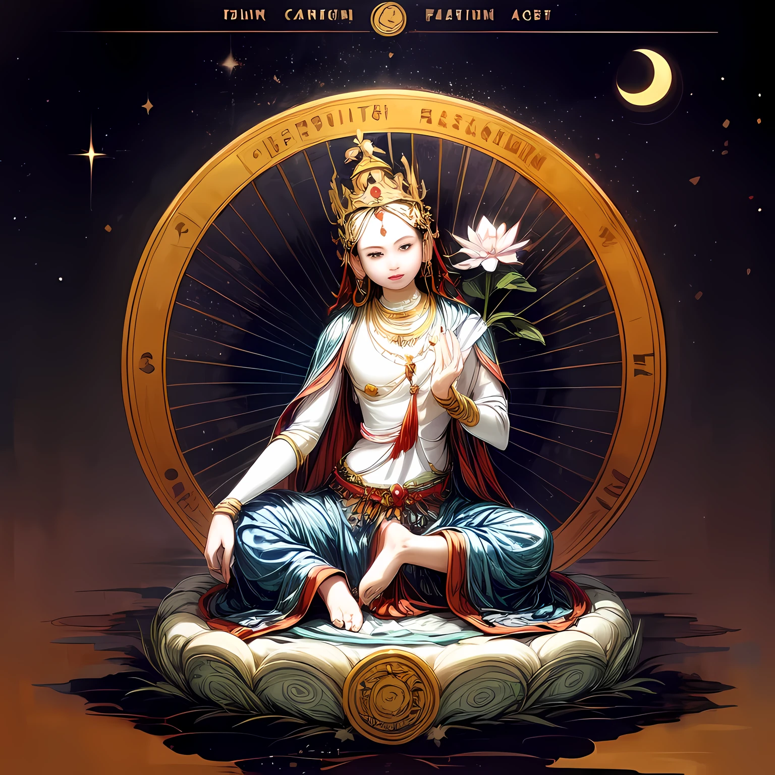 (( dumu,1girl)),mantra,ocean,stars,starry sky,rainbow,night,sun,crown,necklace,circle,sitting on lotus,(lotus),jewelry,bracelet,crescent moon,earrings,magic circle,flower,bird,
