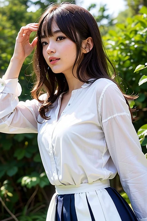 ((highest quality)), ((masterpiece)), (detailed), Perfect Face、((highest quality)), ((masterpiece)), (detailed), Perfect Face, superior, highest quality, High resolution, Hmph, Perfect Pixel, 4K, Hmph, Hmph))), 1 girl, single, alone, Beautiful woman、whole bodyが見えました、 ((Mid-wave hair, bangs, Brown Hair)), Black Hair, (((One girl))), Standard body,low length,(18-year-old),break,((White dress shirt)),Dark blue neck ribbon,Angle from below、Dark blue mini skirt,show her pantie,Beautiful background, (In the forest park),Wind from the sea,Side view, Double Hair Buns,Large checked hair ribbon,(((avert your eyes))),(((Turn away))), Perfect lighting,narusawa,Half lip,A light smile,(whole body:0.95),I'll lift up my skirt、