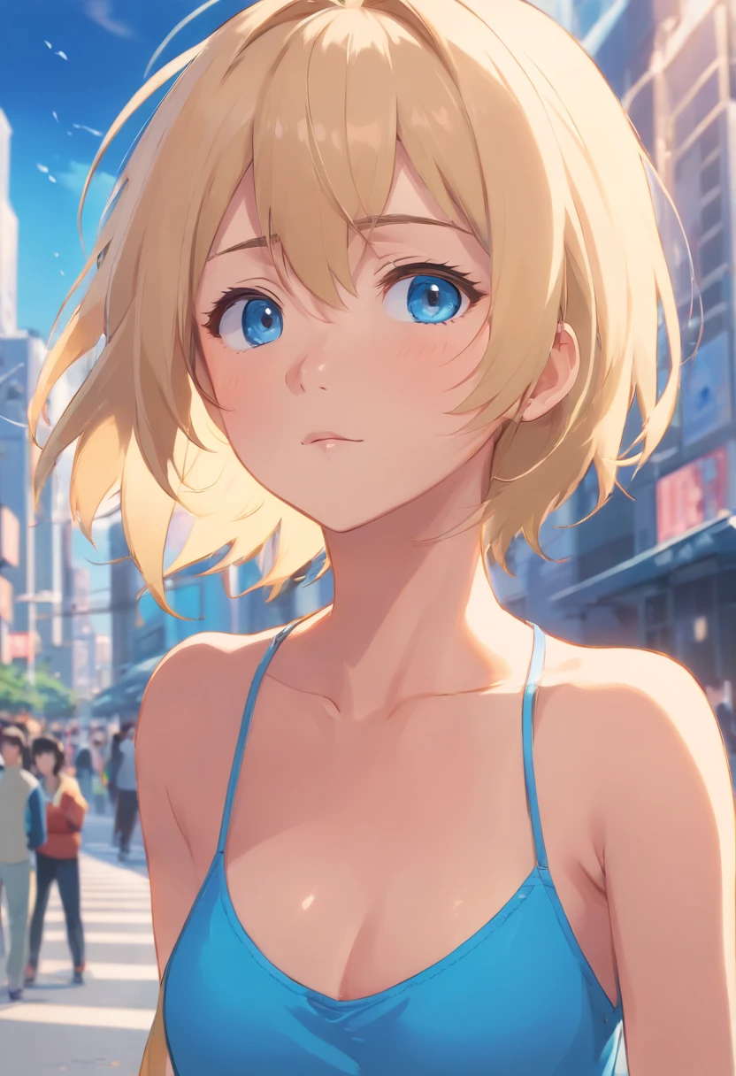 17 years old Women, ((Blonde)), ((Blue eyes)), ((Short hair)), ((Full shot)), very detailed makeup, pale pink lipstick, long earrings, bare shoulders, crouching very close looking at camera smiling wearing strapless bra, se ve el piso de marmol