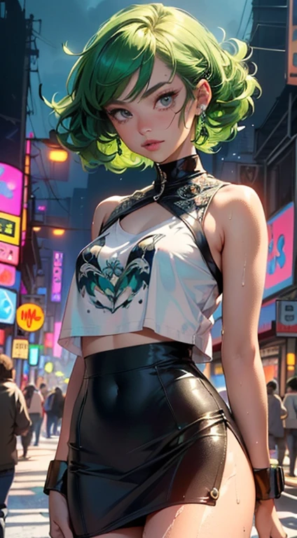 girl youtuber,(((1girl))),((extremely cute and beautiful green curly-haired girl)),
(short breasts:1.4),(((green curly hair:1.35,very curly hair,colored inner hair,ear breathing,short hair))),(((eyes green:1.3))),intricate eyes,beautiful detailed eyes,symmetrical eyes,big eyes:1.3,((fat)),(((lustrous skin:1.5,bright skin: 1.5,skin tanned,shiny skin,very shiny skin,shiny body,plastic glitter skin,exaggerated shiny skin,illuminated skin,wet legs))),detailed body,(detailed face),
cute,slutty,seductive,erotic,(((nsfw))),
zettai ryouiki,revealing clothing,show skin,((rave mini-skirt,visible thong straps,white loose tank top with an pop art print)),((wet clothes,intricate outfit,intricate clothes)),
(dynamic pose:1.0),embarrassed,(centered,scale to fit dimensions,Rule of thirds),
cyberpunk city by the ocean at night, with bright neon signs and dark stormy clouds and puddles, scenery:1.25,
artistic photography,(photography taken by sldr),highres, sharp focus, (ultra detailed, extremely detailed), (photorealistic artwork:1.37),(extremely detailed CG unity 8k wallpaper),((synthwave background theme)),(((vibrant colors))),(intricate background),(masterpiece),(best quality),