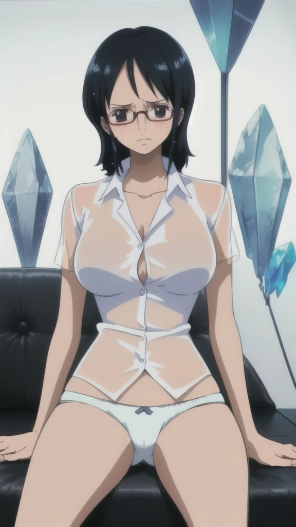 One woman,8k,, Black Hair,Medium Short, ,, Tashigi,, ((masterpiece)), ((highest quality)), （（（sit）））,（（high resolution））,Very detailed, （See-through clothing）,（（Wet white shirt））,((Wet shirt))　,（（Troubled expression））,,（Upper Body）,Perfect tummy,Perfect navel,((Slender body)),Dark Eyes,,（（White lace panties））,（（Slender body））, , Strong lighting, High resolution,,,(((((Crystal clear image quality))))), sit, alone,blush,, Glasses, 