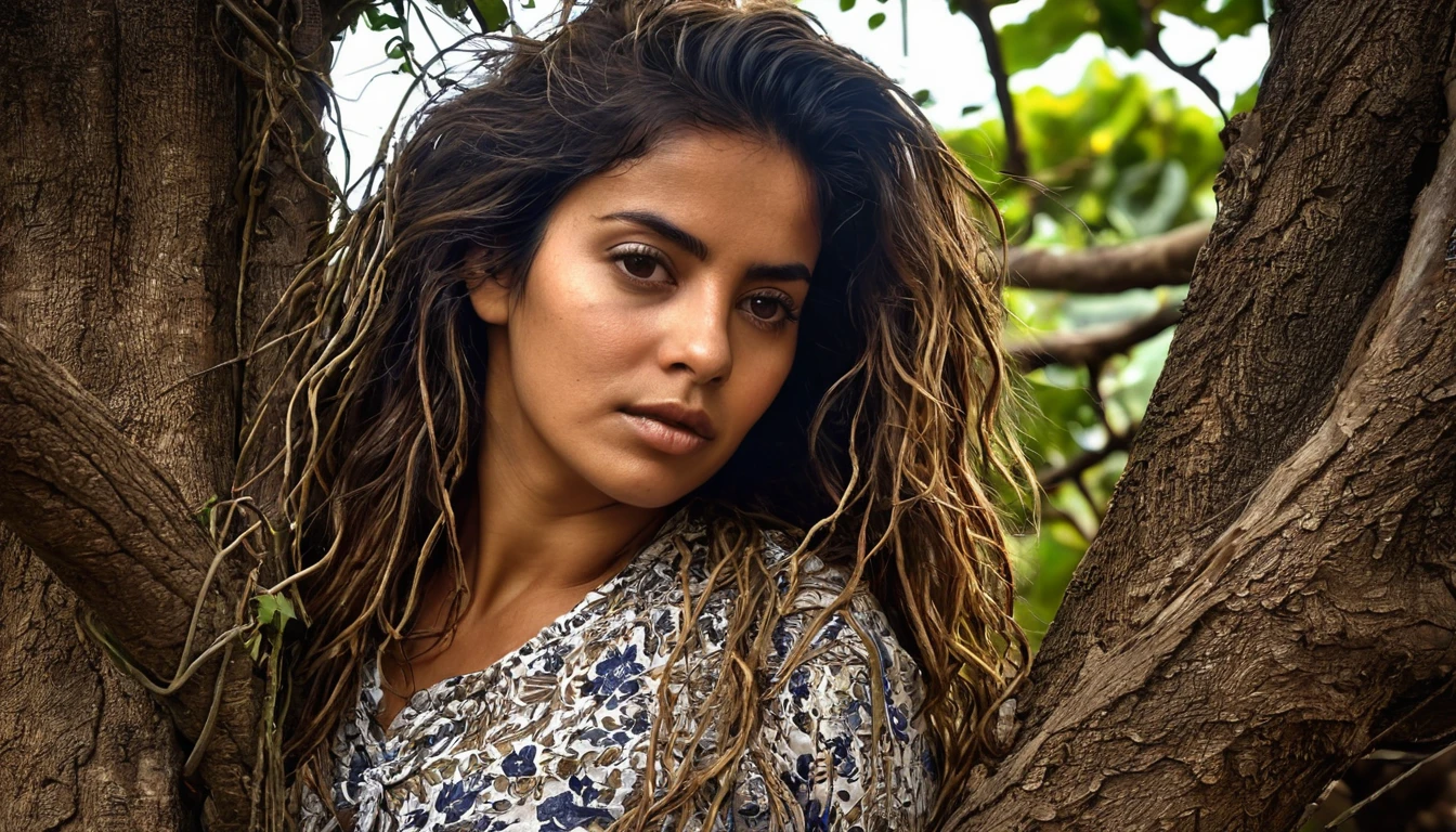 corpo inteiro,Mulher latina,mulher madura,mulher experiente,tied to an old tree with vines,corpo natural coberto de sujeira,emaranhado,cuecas e sutia rasgados,corajoso,sujo,pele enrugada,Messy hair,Selvagem,rampando e rastejando,amarrado com cordas velhas,worn appearance,vivid portrait,fotorrealista,high resolution,olhos expressivos,thoughtful expression,rosto forte e envelhecido,sabedoria em seu olhar,dark lighting,tons terrosos,sombras e realces contrastantes,dramatic atmosphere,angustia.