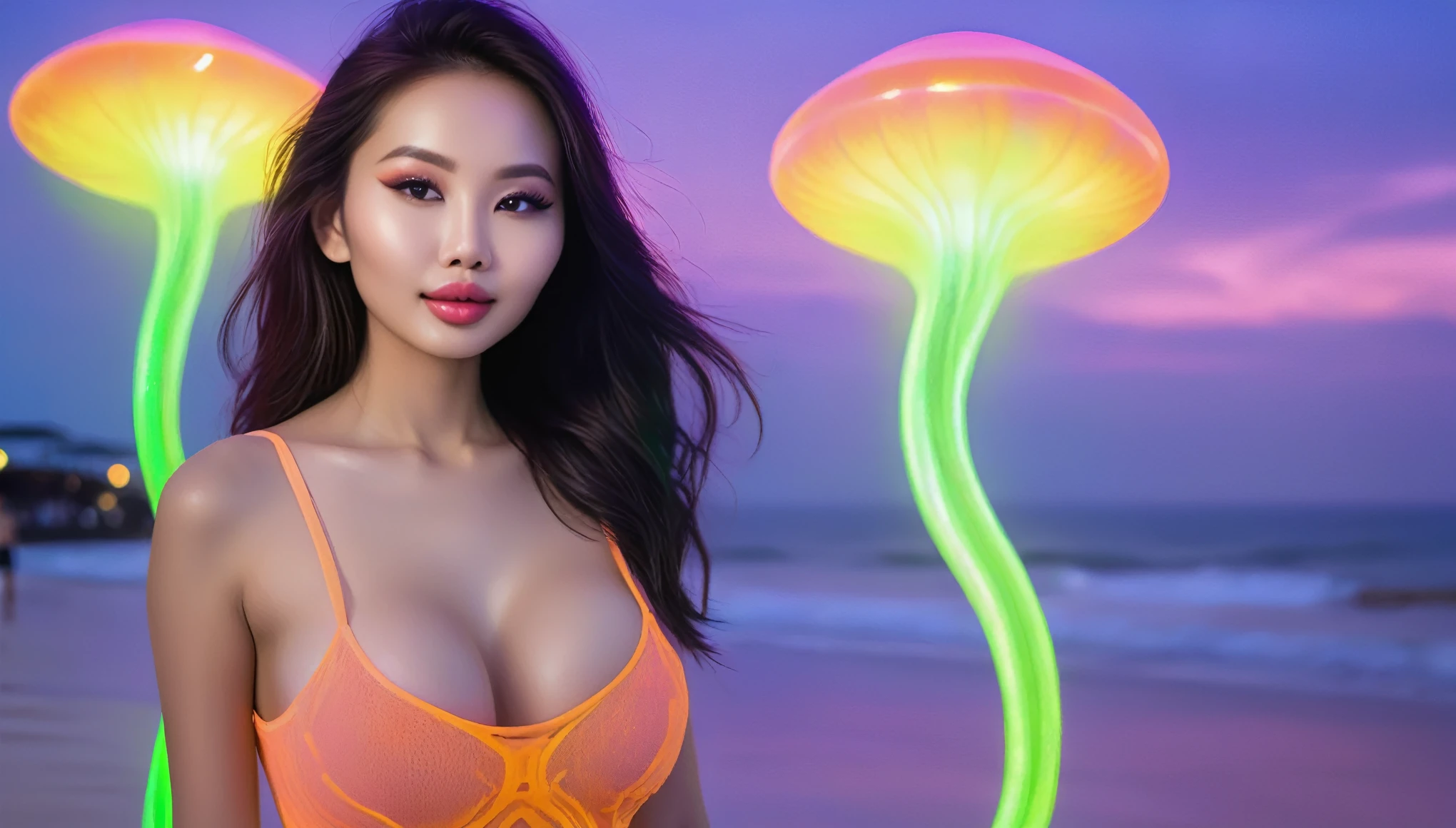 (A stunning nubile Malaysian woman, blessed proportions, seductive, dressed appropriate to the scene) nubile, strolling and very friendly with the locals (selfies, hugs, etc.), friendly fluorescent tentacle aliens locals, neon-lit beach, starry otherworldly sky, oil painting, best quality, ultra-detailed, photorealistic, vivid colors, portraits, warm and vibrant color palette, soft and diffused lighting.
