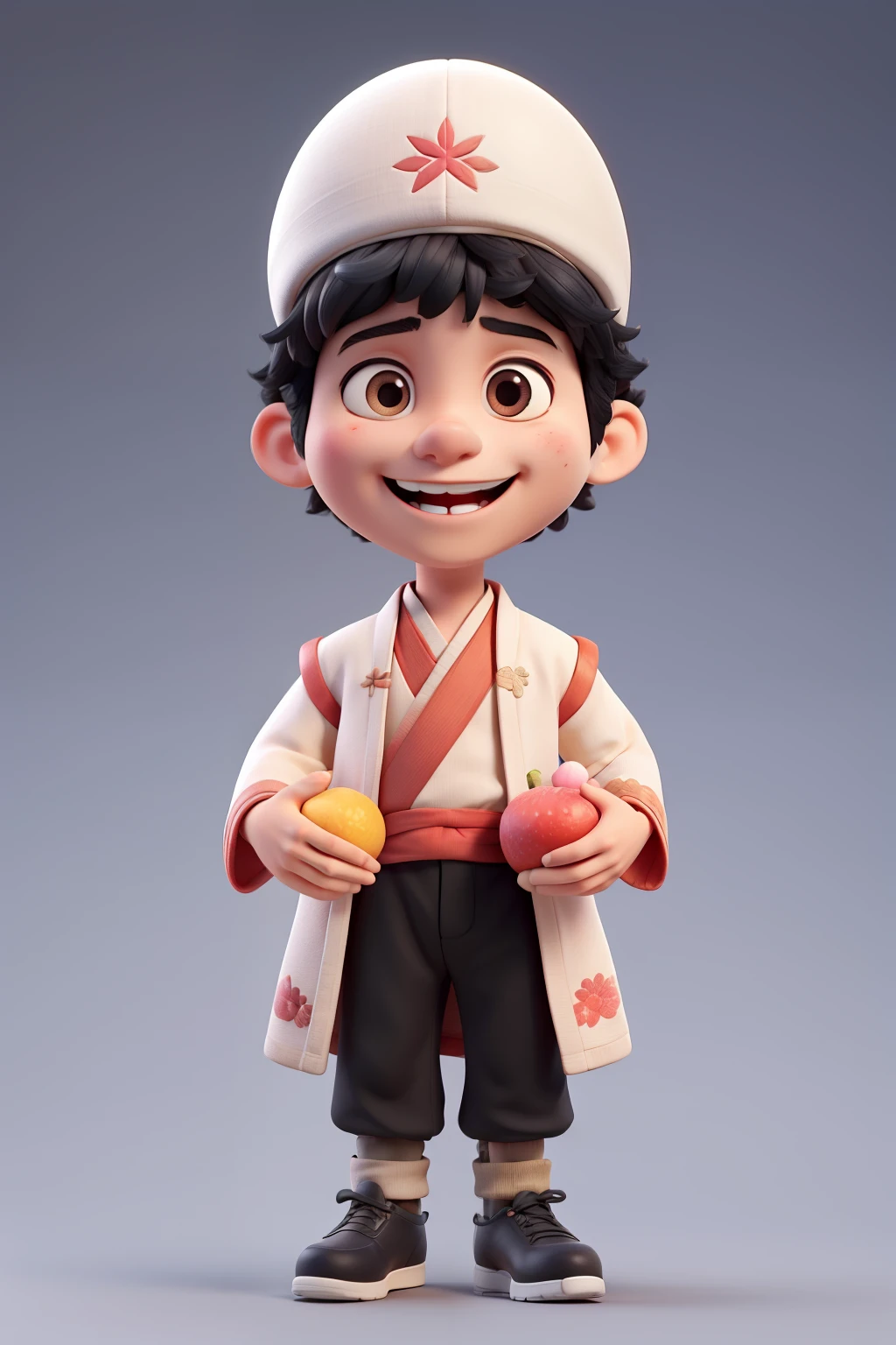A male,Wearing a black gauze hat,Hanfu,Black hair,Black goatee,Happy expression,on foot,Holding lychee,fruit,Q version,3D,White background,Bright colors,best quality,Super Detail,8K
