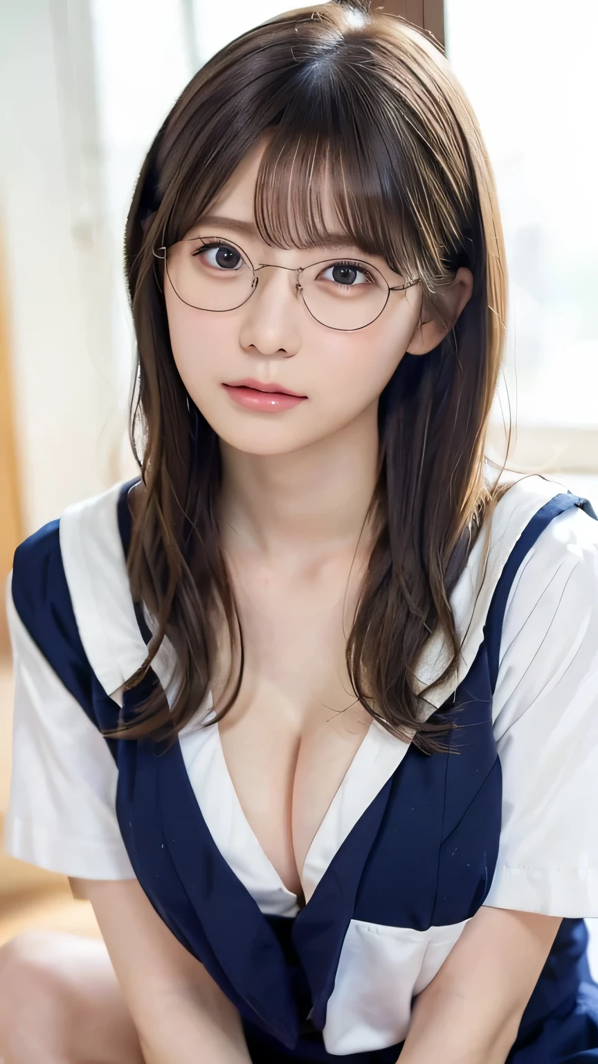 Sitting with legs crossed,1 girl, Very bright backlight,alone, {Beautiful and detailed}, (Lying in bed photo), Very beautiful big (Huge breasts:1.5) And a small waist ((Press the chest)) ,Big Breasts,Calm expression, Natural soft light,, Delicate features, Blunt bangs, Beautiful Japanese Girl, 18-year-old, ((Seductive pose)), attractive figure,(Blonde), Light grain, Real Hands, masterpiece, highest quality, Realistic, Very detailed, In detail, High resolution,Beautiful Hair, Perfect dynamic composition, Beautiful and beautiful eyes, Japanese Idols,((I'm nervous and embarrassed)),Sharp focus, beauty mix, (Sailor suit:1.3),Movie Girl,Exhibitionism,Showing off,(short hair:1.5),(Curly Hair),(shameful),(Glasses),Intellectual atmosphere,student,shirt,skirt,tie,Button open,glossy,sexy,Shyness,Lying,Lying down,(Hair tied up),(Health Room)