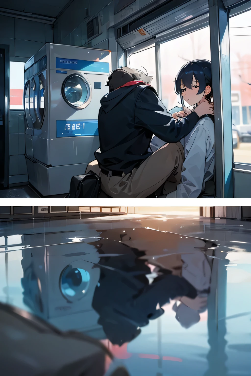 Wet day、Lovers waiting at the laundromat。In a space just for the two of us、They feel each other&#39;s presence deeply。The strength of their relationship、A special atmosphere on a wet day、And taking advantage of the romantic setting of a laundromat,、Describe their conversations and actions.。How their relationship grew、Tell the story of how this special day impacts their love.。Wet dayの中で彼らの愛がいかに美しく輝くかを描き出してください。