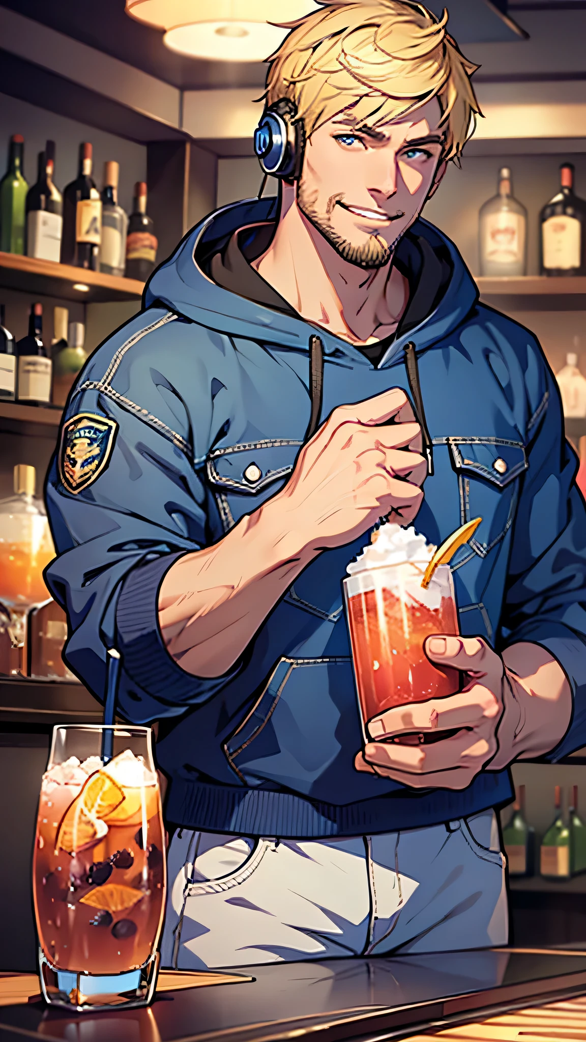 最high quality、Best image quality、masterpiece、male((20-year-old、Blonde、Shortcuts,Black hoodie、Blue denim trouseressy Hair、Muscle chamber、smile、earphone jack,beard、Macho)),high quality、Beautiful art、background((Disco、Cocktail Bar))、Flight、Flying debris、Written boundary depth、movie、Visual Arts、Perfect art、8K,Genuine、