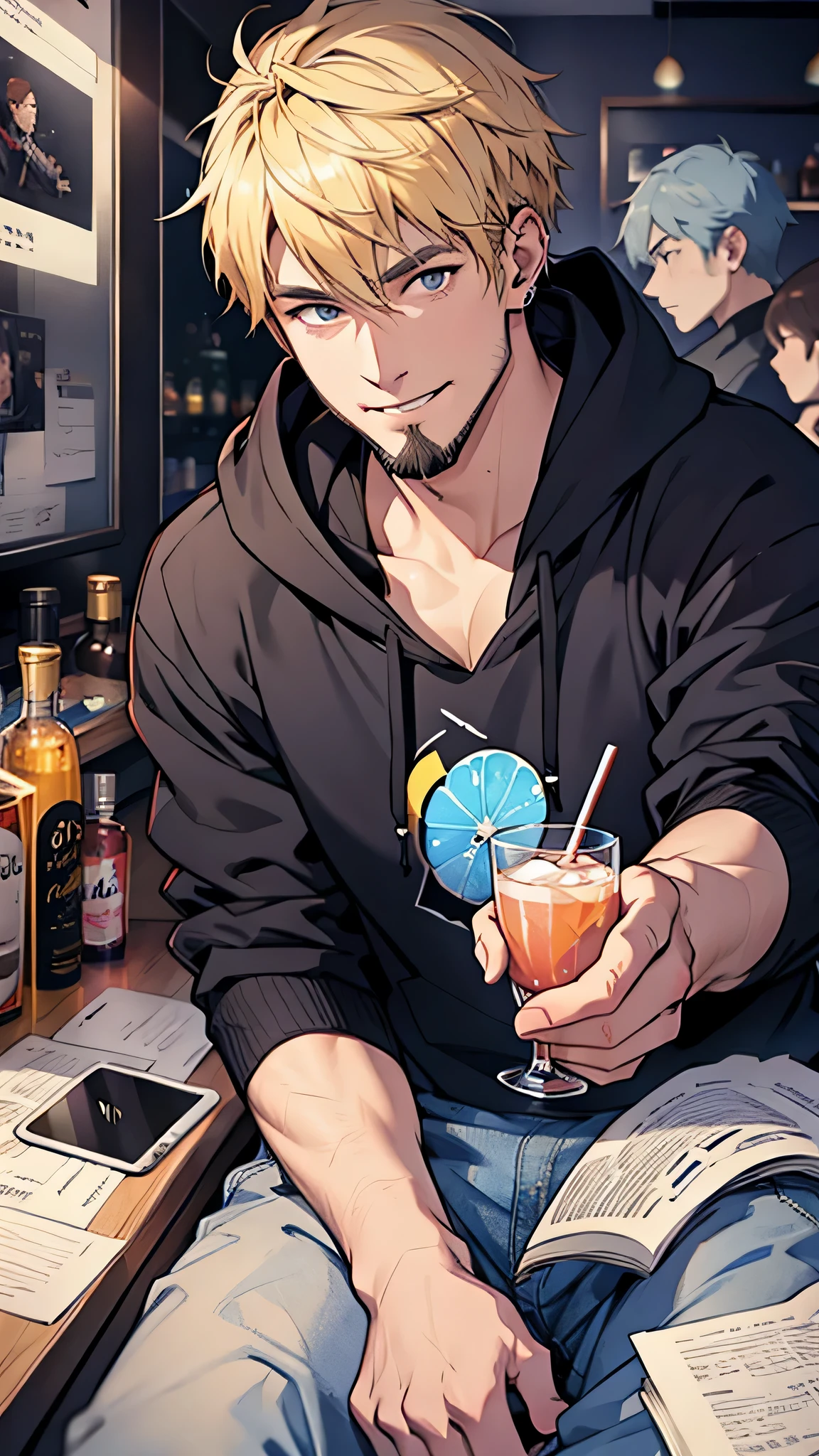 最high quality、Best image quality、masterpiece、male((20-year-old、Blonde、Shortcuts,Black hoodie、Blue denim trouseressy Hair、Muscle chamber、smile、earphone jack,beard、Macho)),high quality、Beautiful art、background((Disco、Cocktail Bar))、Flight、Flying debris、Written boundary depth、movie、Visual Arts、Perfect art、8K,Genuine、