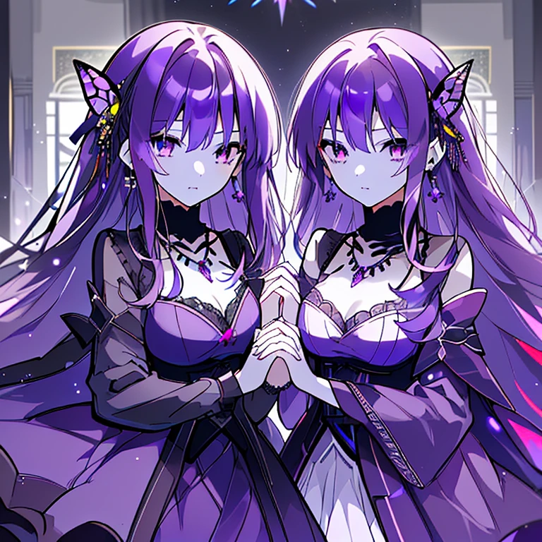 (highest quality,High resolution,Super detailed,wonderful,Attention to detail)2 girls,Purple Eyes,Purple Hair,Long Hair,Straight hair,Face to face,Sharp Eyes,Cinema Lighting,butterfly,dress,thought,gem,gorgeous,Stained glass,Earrings,necklace,Holding hands