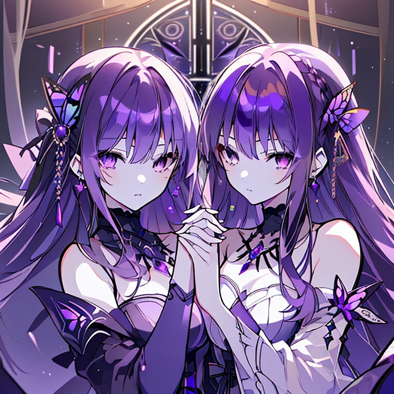 (highest quality,High resolution,Super detailed,wonderful,Attention to detail)2 girls,Purple Eyes,Purple Hair,Long Hair,Straight hair,Face to face,Sharp Eyes,Cinema Lighting,butterfly,dress,thought,gem,gorgeous,Stained glass,Earrings,necklace,Holding hands