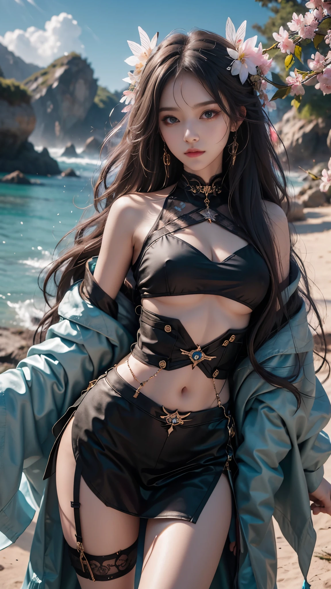 full hd 8k, Girl standing in front of a dark night scene, full moonlight reflecting on her beautiful face. Her long, silky hair was gently blown by the night wind, creating a gentle and romantic feeling. She is walking on a large beach. She looked up at the starry sky, as if searching for something, her eyes showing a pensive and lonely look. The full moon shines in the night sky creating a beautiful scene. The girl has long, silky hair, creating a luxurious and noble beauty. The moonlight shines on the girl's delicate face, highlighting her large, round light brown eyes, creating a natural, gentle beauty. She wore a little sexyly black bikini to create a sexy beauty. Her plump breasts were exposed, revealing her plump and extremely sexy breasts. These images capture detailed panoramic portraits and views of the sky and sea. All create a beautiful, wonderful picture that makes people unable to take their eyes off the scene. All of these details are depicted clearly and sharply, creating sexyly poses,
