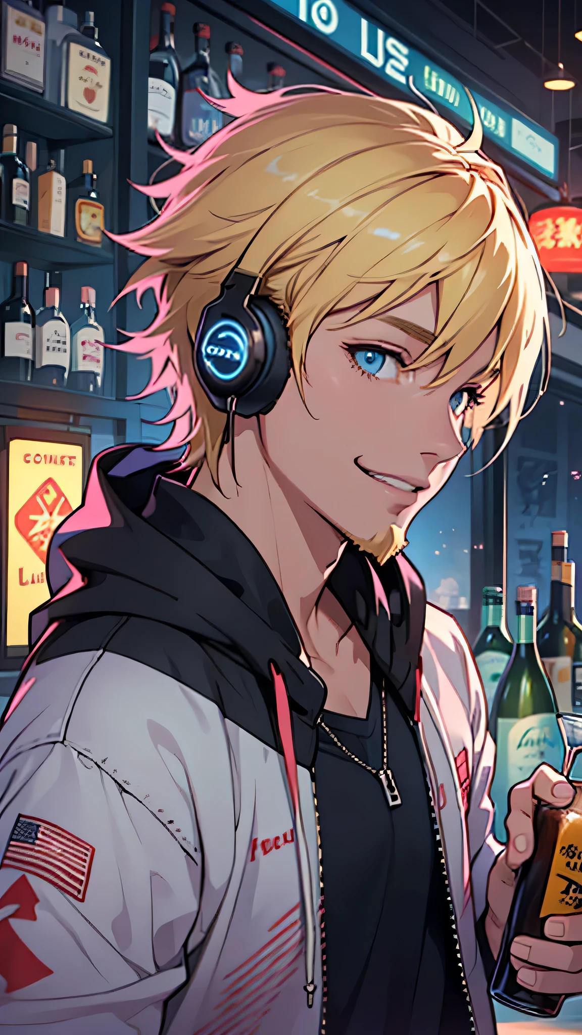 最high quality、Best image quality、masterpiece、male((20-year-old、Blonde、Shortcuts,Black hoodie、Blue denim trouseressy Hair、Muscle chamber、smile、earphone jack,beard、Macho)),high quality、Beautiful art、background((Disco、Cocktail Bar))、Flight、Flying debris、Written boundary depth、movie、Visual Arts、Perfect art、8K,Genuine、