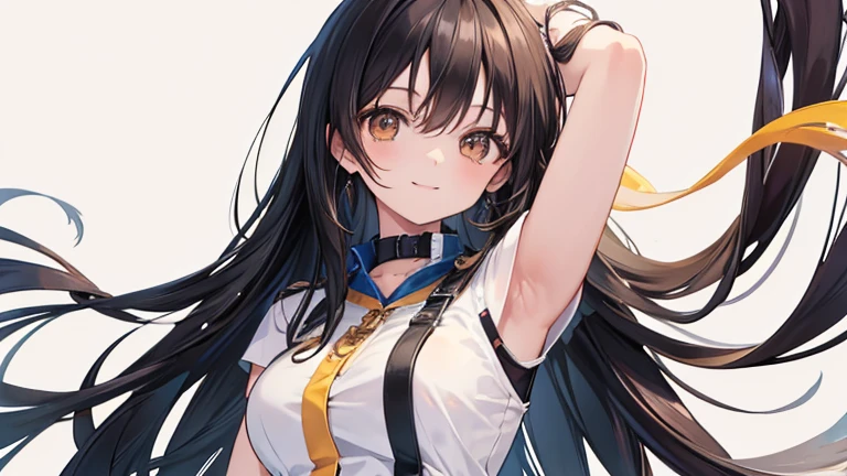 Anime Style,highest quality, masterpiece,Black Hair,  Brown eyes, smile,Simple Background,One girl, Flowing Hair