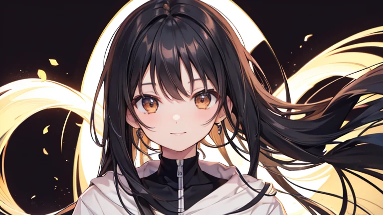 Anime Style,highest quality, masterpiece,Black Hair, Brown eyes, smile,Simple Background,One girl, Flowing Hair
