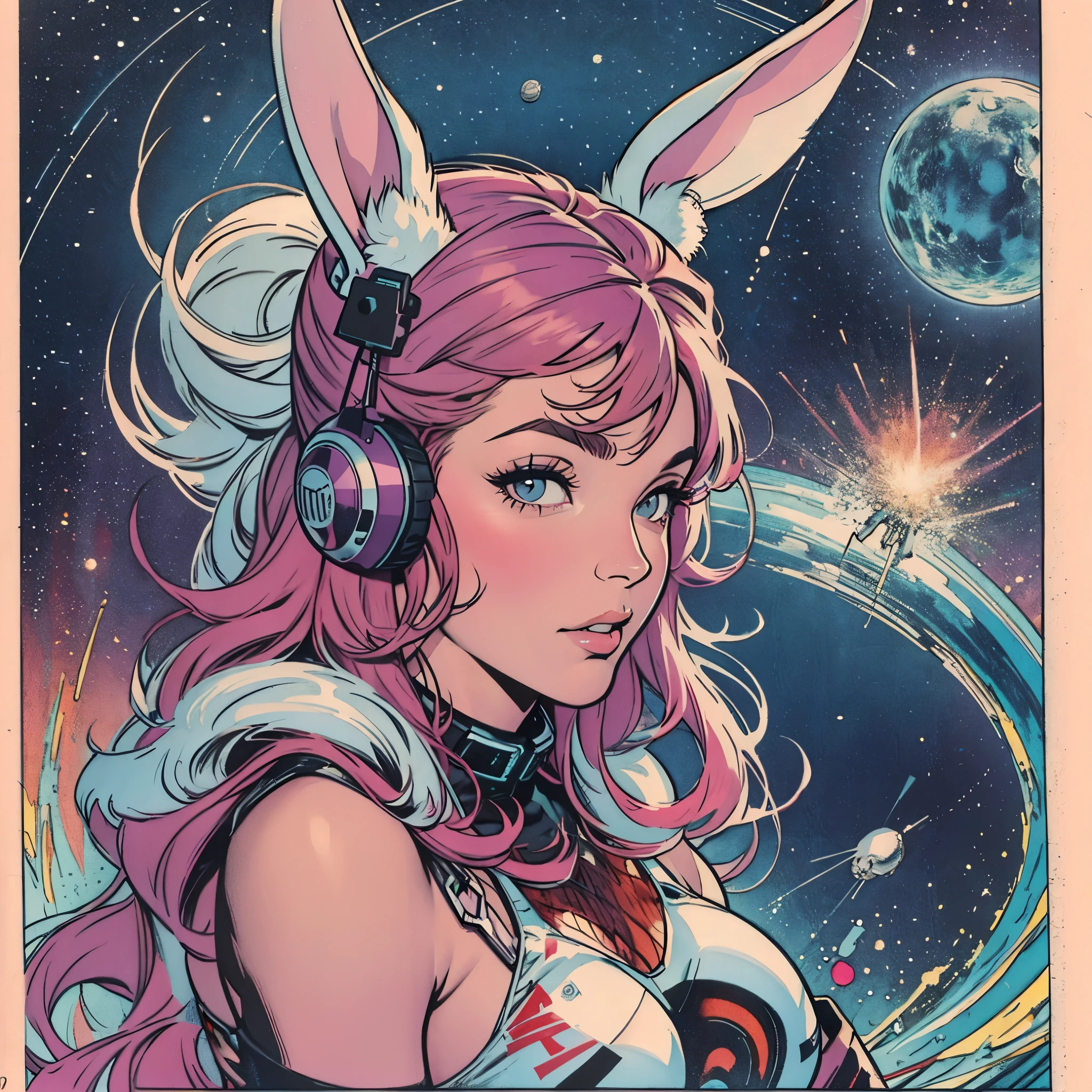 ultimate best quality,beautiful woman,speech bubble,big brest,galaxy,60s,70s,80s,colorful,cosmo,space,((rabbit)),