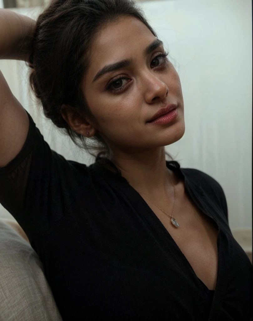 (8K, Raw Photo, Photorealistic:1.5), beautiful 25 years old indian woman, (big bright green eyes:1.2), dark hair, Chanel hair, chubby, (small breast: 1.5), wearing a white babydoll with floral prints, sitting in a brown leather armchair, living room, looking to the outside, rainned day, drops rain in the window, sad look, volumetric light, dust shining in the air, (low angle camera: 1.5), hyper realistic, highly detailed, beautiful face, alluring, instagram, onlyfans