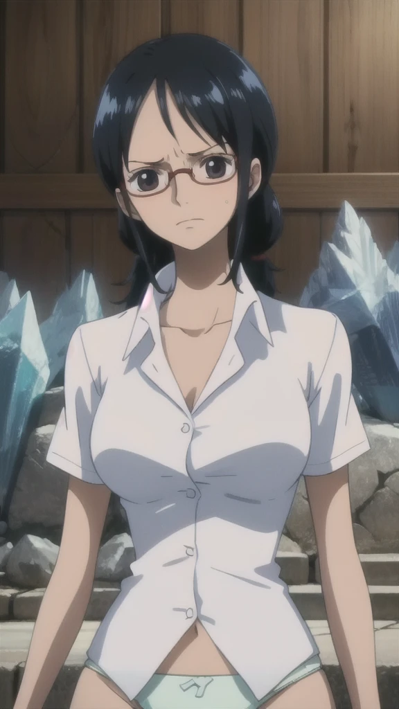 One woman,8k,, Black Hair,Medium Short, ,, Tashigi,, ((masterpiece)), ((highest quality)), (((sit))),((high resolution)),Very detailed, (See-through clothing),((Wet white shirt)),((Wet shirt)) ,((Troubled expression)),,(Upper Body),Perfect tummy,Perfect navel,((Slender body)),Dark Eyes,,((White lace panties)),((Slender body)), , Strong lighting, High resolution,,,(((((Crystal clear image quality))))), sit, alone,blush,, Glasses,