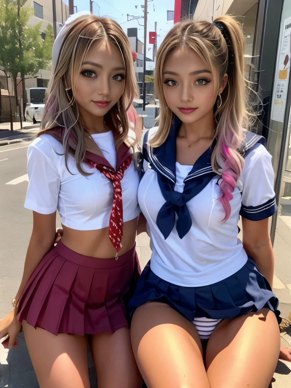 ミニスカートを履いたTwo peopleの女子高生:1.7,((Two people high school girl:2)),((Two people)),Dynamic Angle, Perfect body, night,moonlight,Exterior lights,Gal, (Anatomically correct),masterpiece, highest quality, RAW Photos, Realistic, face,, Beautiful girls, cute, Written boundary depth, High resolution, Super detailed, detailed, ighly detailedd, Extremely detailed eye and realistic student, pale and tanned skin,Two peopleで,woman,(panties), (Short-sleeved sailor uniform:1.4),Spread your legs,Wide Hips, ((Sensual;1.5)), Glamour, Big Breasts,Sunburn marks on tanned skin,Pink Hair,blonde,Platinum Hair,Brown Hair,orange,Wavy Hair,Shortcuts,Pixie Cut,Cosplay,building,intersection,stage,Pedestrian bridge,vending machine,night,深night,Blurred Background:1.2,White panties,Pink panties,Yellow panties,Black panties,GirlTwo people,Two people high school girl,