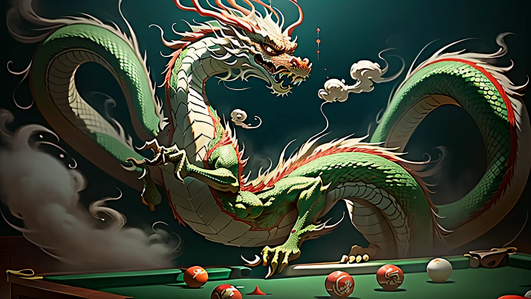A majestic Chinese Dragon hovers above a billiard table, its long and sinuous body adorned with intricate scales that shimmer in the dimly lit room. The dragon's eyes glow with a fierce intensity as it breathes out a stream of flaming billiard balls, each one leaving a trail of smoke and fire behind it. The balls roll across the green felt table, threatening to ignite it with their scorching heat. Onlookers gasp in awe and fear, unsure of whether to cheer or run for cover as this mythical creature unleashes its fiery power on the peaceful game of billiards.