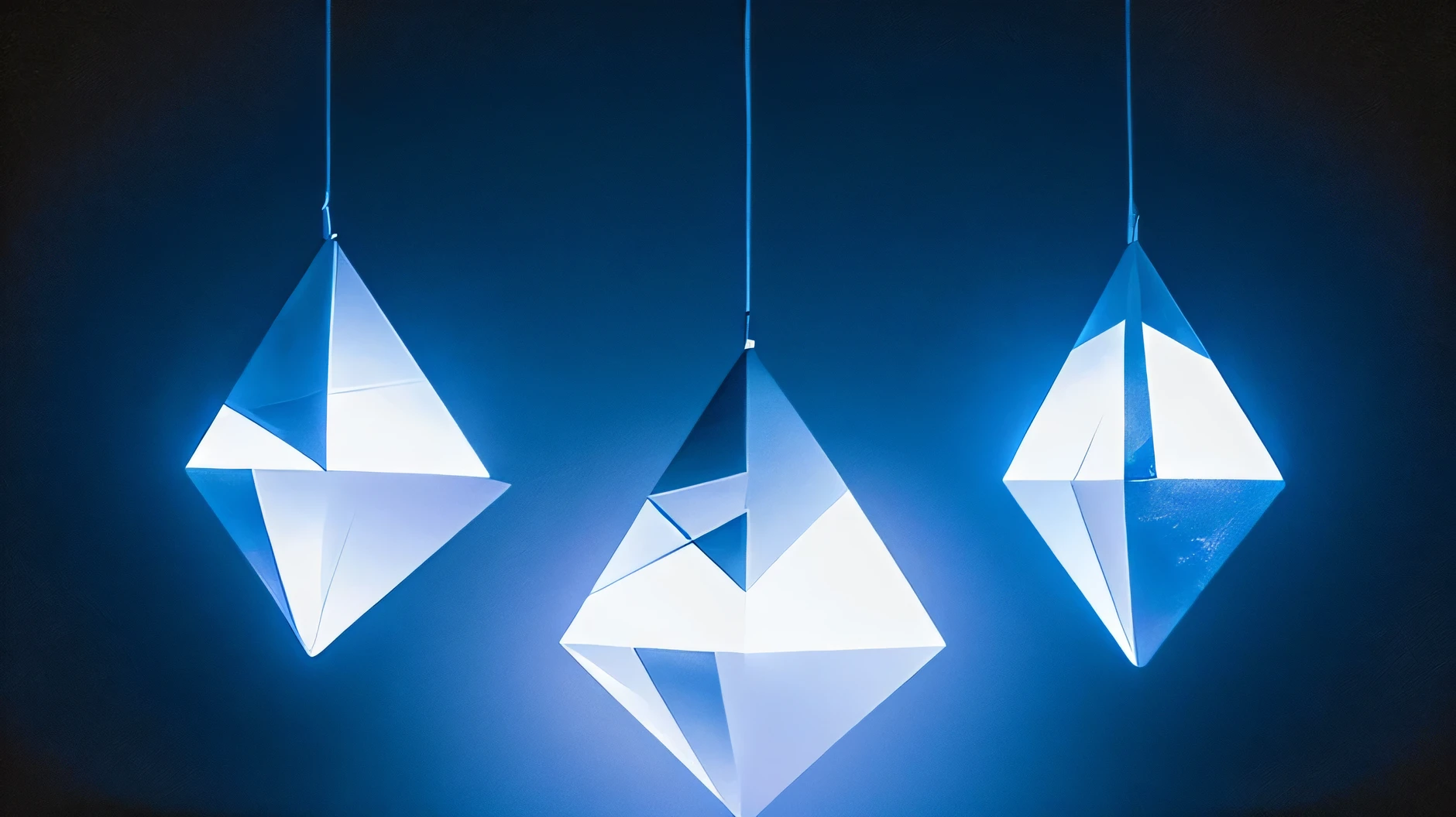 Developing triangles floating in space, glowing blue-white