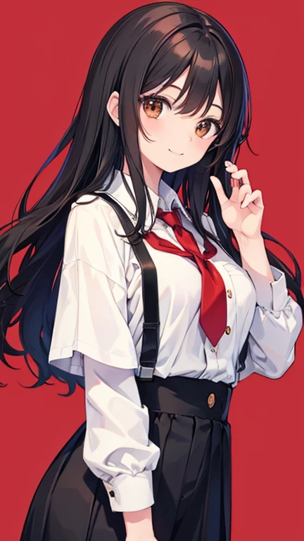 Anime Style,highest quality, masterpiece,Black Hair, Brown eyes, smile,Simple Background,One girl, Flowing Hair