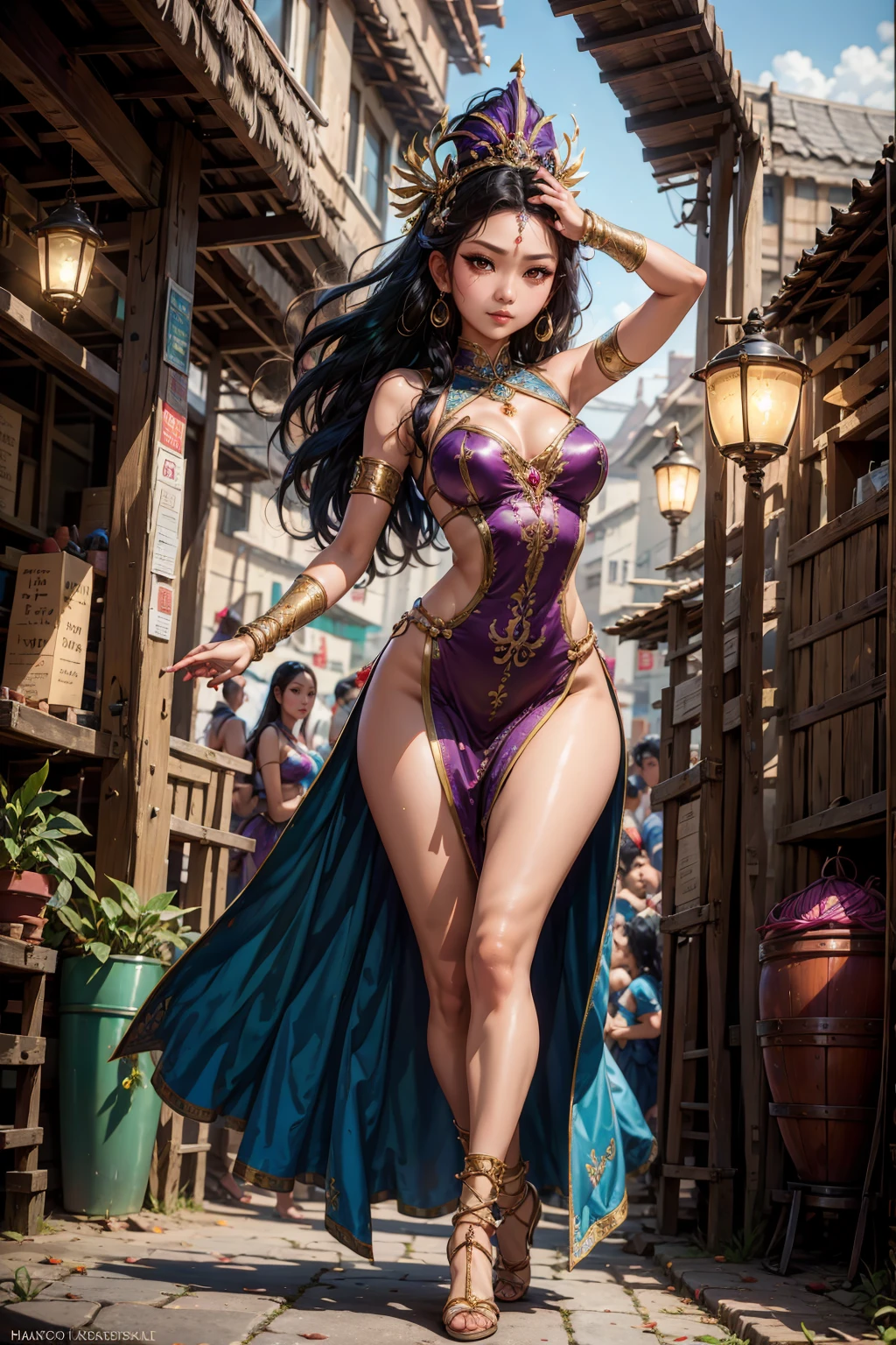 high resolution, Masterpiece, Best Quality, ((Hasselblad photo)), Sharp focus, (Cinematic lighting), Soft lighting, Dynamic Angle, tanned skin, Mature Indonesian woman, (Wearing a Indonesia dance dress:1.2), carnival, Indonesia dress, fine detailed skin, Very long wavy black hair, Highly detailed hair, high heels, large full chest a narrow waist, big size ass, bare belly, sparkly skin, exotic, sexy, erotic, intricate detail, ((Cinematic light)),((outdoors)) , Indonesia, carnival, Colors, 8K