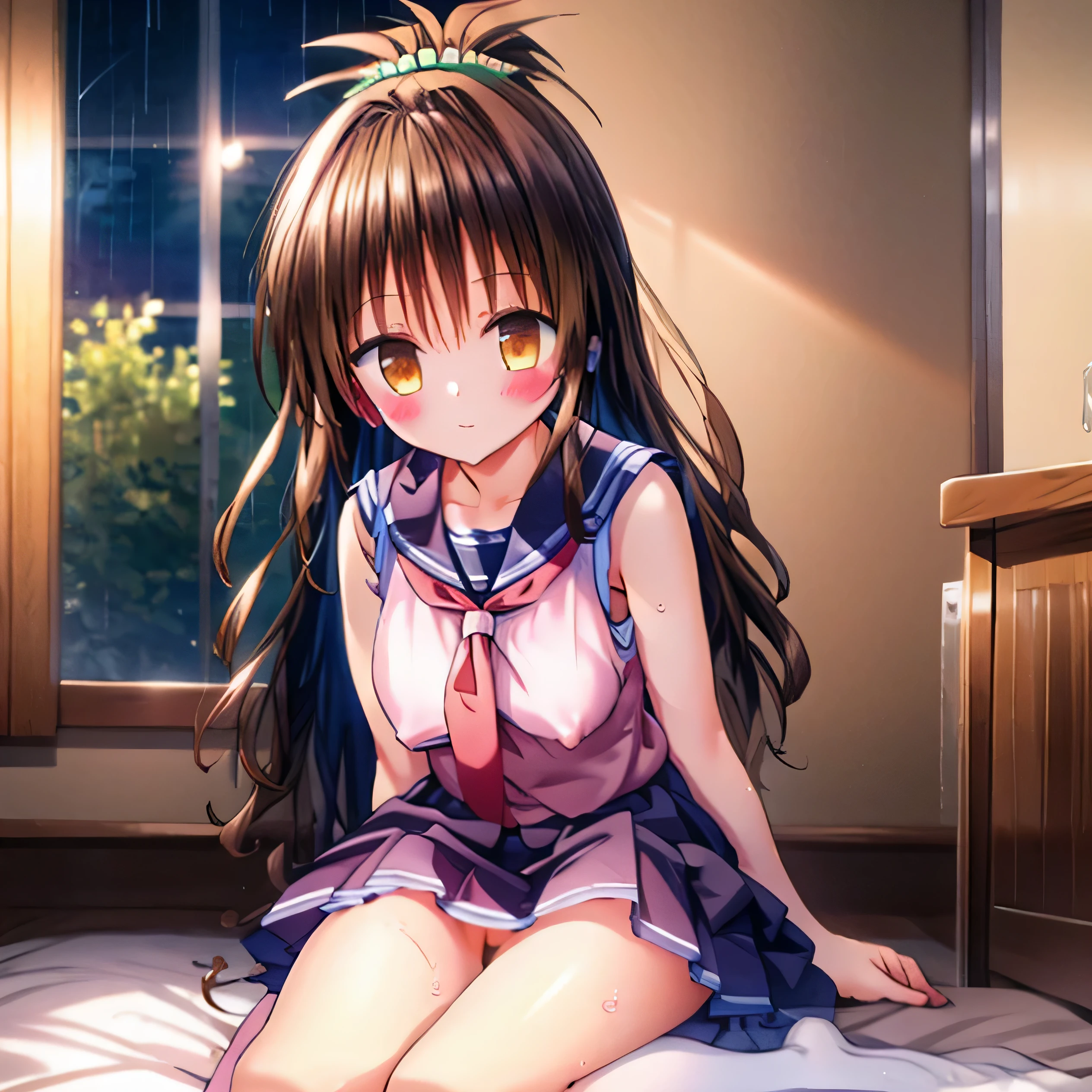 realistically, brown eyes, ponytail, glowing eyes, white short skirt, extra short skirt, Blush, daytime, Wet from the rain, see through, sleeveless shirt, nipples, (pussy), crotch, embarrass, (Sit with 2 knees up), windy, yuki mikan, the skirt is turned up, highest quality, High resolution, highly detailed face, perfect lighting, Very detailed CG, perfect hands, perfect anatomy, hand pulled skirt up,
