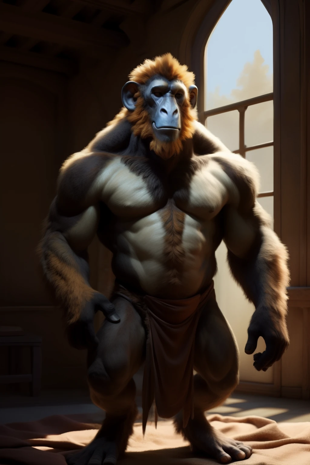 The muscular, full-bodied monkey, with a pleasured expression on his delicate face and intricate, detailed eyes, stands idly in a crisp, bright room. He's holding a bunch of ripe, golden bananas in his strong, hairy hands, wearing nothing but a loincloth made of realistic, high-quality fabric. The sunbeams filtering in from the window create a lens flare, illuminating the fine hairs on his body and casting gentle shadows on the intricately detailed environment. This masterpiece, created by the talented artist Bebebebebe, is a testament to perfect anatomy and unmatched realism. Solo, the mon